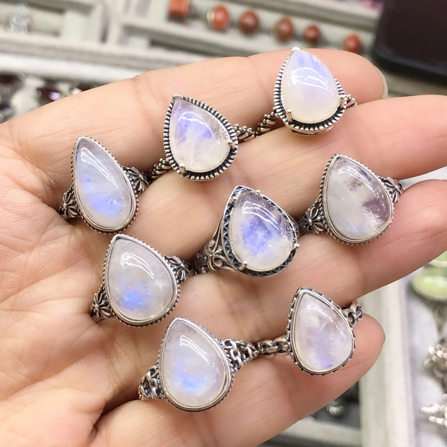 1 Pc Fengbaowu Natural Blue Moonstone Ring Water Drop Ring 925 Sterling Silver Resizable Fashion Jewelry Gift Women