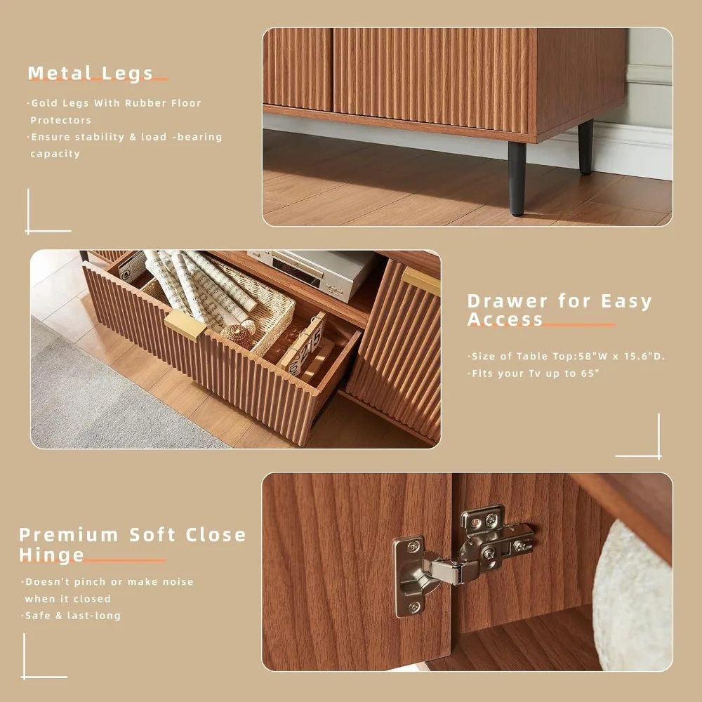 65-Zoll-TV-Ständer – moderne geriffelte Konsole für Wohnzimmer, Medienaufbewahrung mit weichem Scharnier und Schublade, Entertainment-Center aus Holz