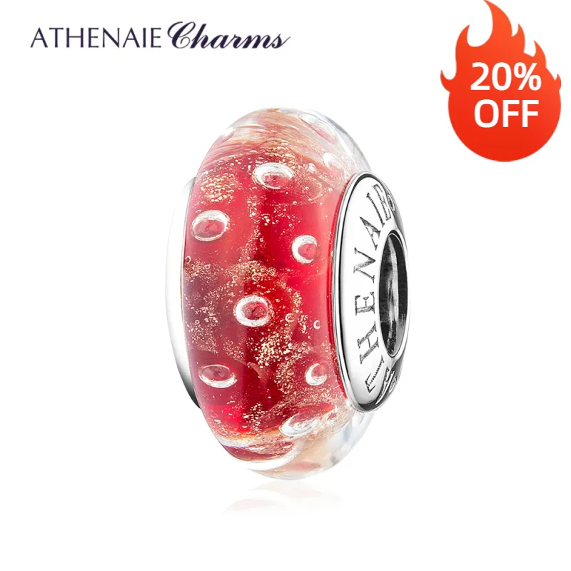 

ATHENAIE 925 Sterling Silver Murano Glass Bead Red Bubble Gold Sands Charms Beads for Bracelet DIY Women Jewerly for Valentine