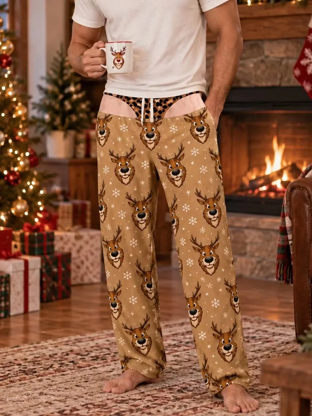 Men Christmas Open Back Lounge Pants Polyester 3d Print Santa Ho Ho Ho Snowflake Pattern Casual Loose Home Sleep Trousers
