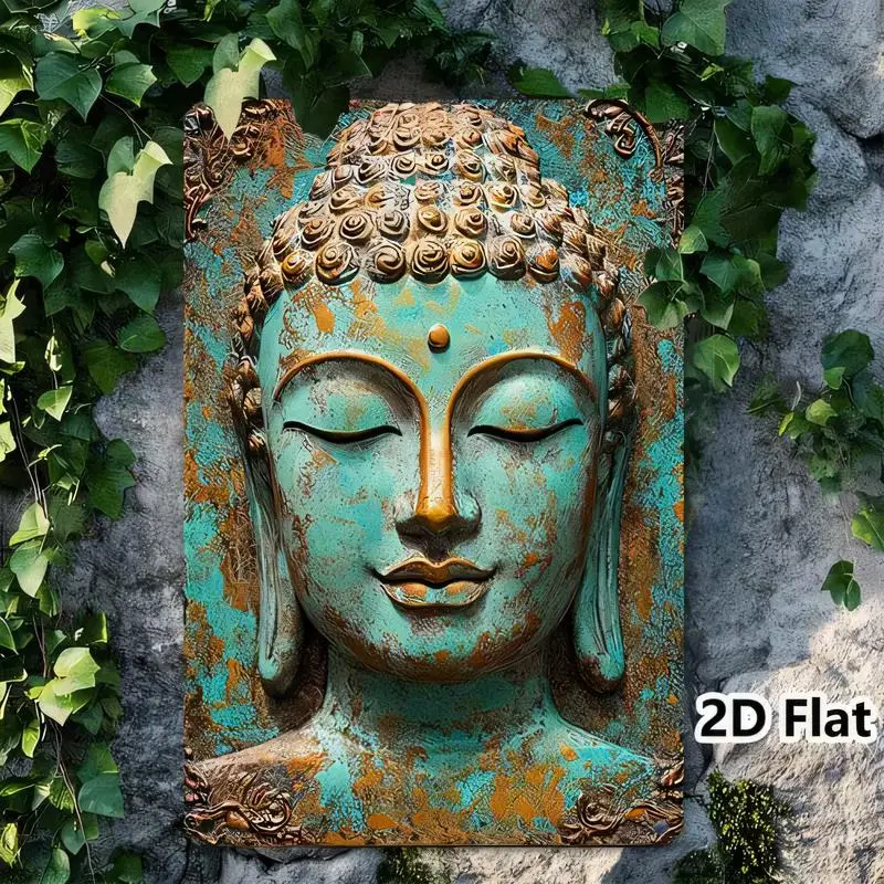 Distressed Turquoise & Bronze Buddha Head Metal Wall Art - Rustic Zen Decor for Living Room, Meditation Room | Iron Tin Painting
