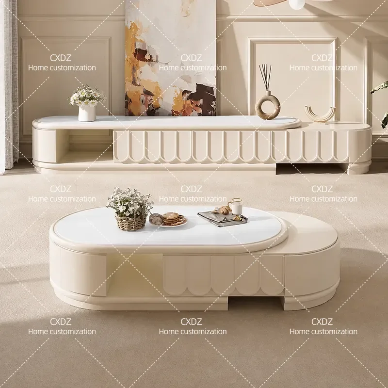 Cream French Style Telescopic Rock Slab Coffee Table and TV Cabinet Combo Oval Shape Simple Design for Small Apartment Living