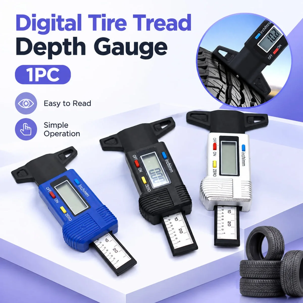 Digital Tire Tread Depth Gauge 0-25.4mm 0-1in High Precision Tire Wear Checker Fit for Cars SUVs Portable Tool With Zero Reset