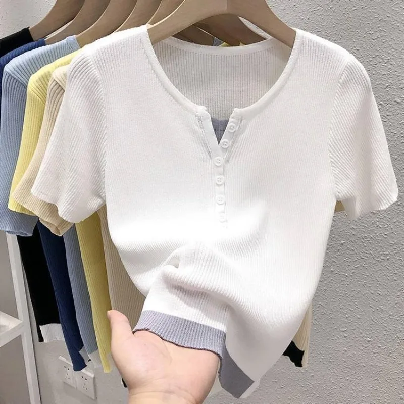 V-neck Short Sleeve T-shirt Women\'s Summer Dress Thin Ice Silk Knit Sweater 2024 New Fake Two Yellow Top