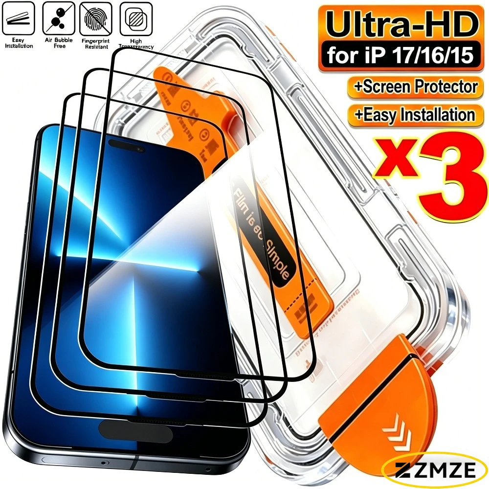 

3Pcs Ultra HD Full Screen Protector for iPhone 17 16 15 Pro Max Air 17e 15 16 Plus 14 13 12 11 Pro Dust Free Installation Glass