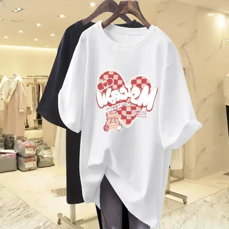 Women Clothing Chic Chessboard Grid Love Print T-shirts Summer O-neck Short Sleeve 100 Cotton Basic Tee Casual Loose Pullovers