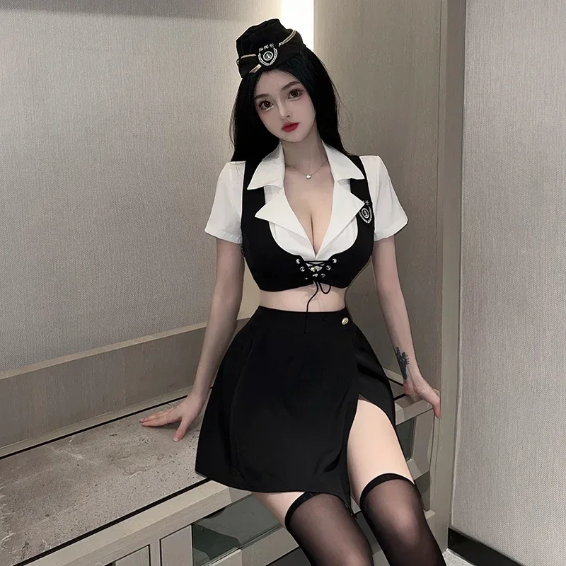 2023 neue Frauen Sexy Anime Dessous Cosplay Kostüm Schwarz Airline Stewardess Uniform Kleid Club Show Sexy Kleid mit Hut