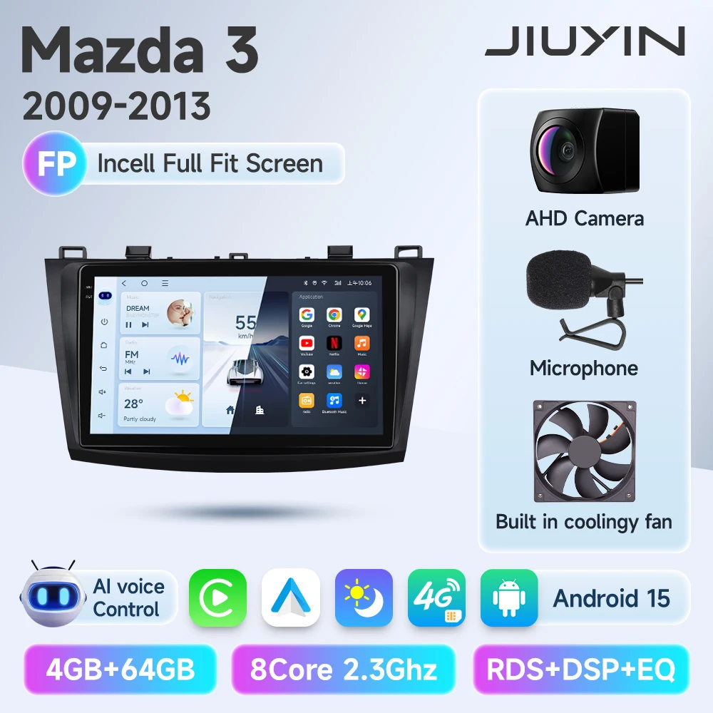 JIUYIN 2 Din Autoradio voor Mazda 3 2009 2010 2011 2012 2013 Android 13 Multimedia Speler 4G GPS Navigatie Carplay DVD Head Unit