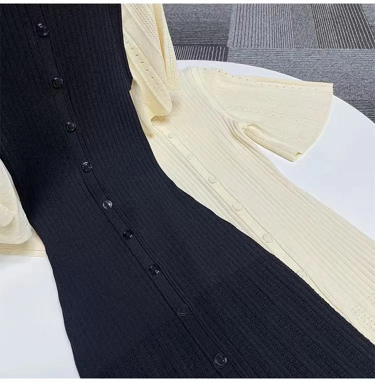 ใหม่ล่าสุดฤดูร้อนที่ไม่ซ้ํากันร้อนถักชุดผู้หญิงแขนสั้นเดี่ยวแถวปุ่ม Slim ชุดนางเงือกคุณภาพสูง