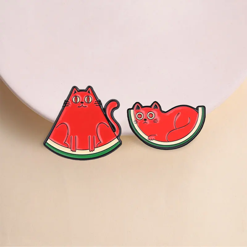 Watermelon Cat Pair Enamel Pin Lounging and Sitting Slice Shape Cute Summer Fruit Style for Cat Lovers Daily Casual Wear