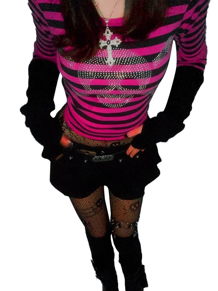 Newest Arrival Women Stripe Long Sleeve T-shirt Fashion Skull Rhinestone Printed Round Neck Crop Tops