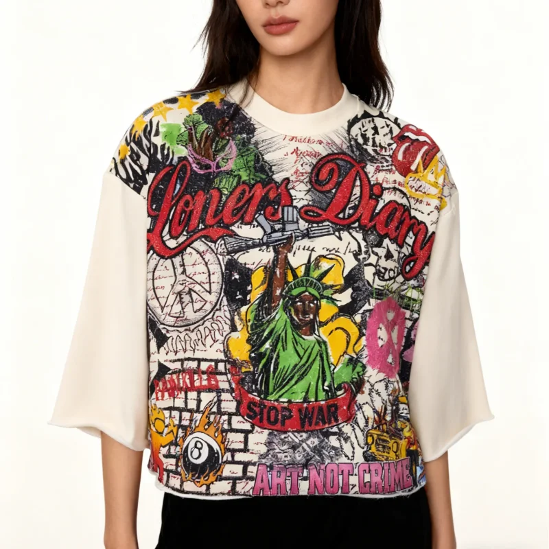 Y2K Aesthetic Autumn Street Oversized Casual Pullover Graffiti Printing Splicing Shoulder Drop Sleeve Half Sleeve O Neck T-shirt