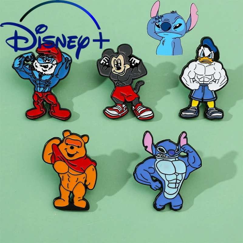 Disney Muscle Stitch Enamel Pins Anime Mickey Mouse Winnie the Pooh Pin Ladies Brooch Boys Shirt Badge Hat Pin for Friends Gifts