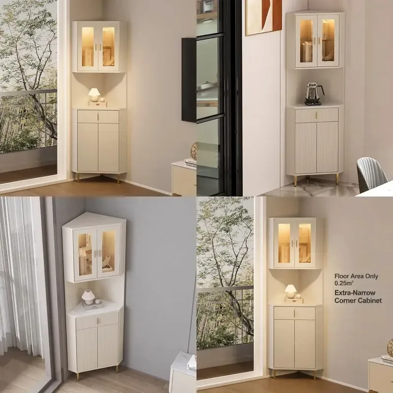 Modern style corner locker living room storage unit cream wooden shoe rack display cabinet