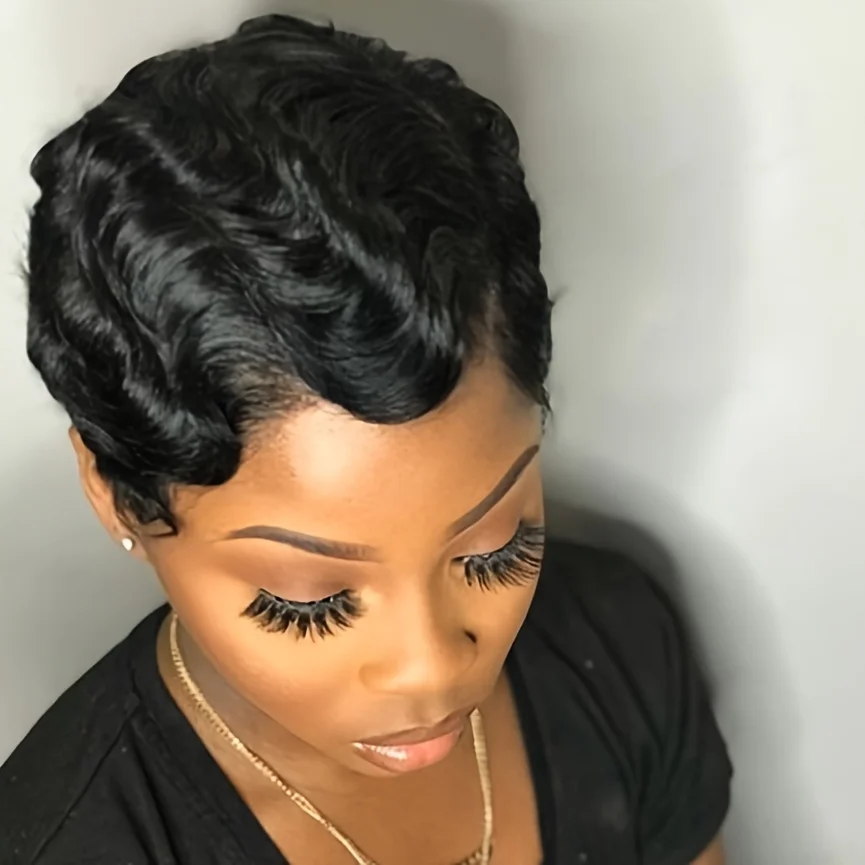 フィンガーウェーブカーリーウェーブピクシーカットウィッグ 女性用 150%密度 6インチ人毛ウィッグ 女性用 フルマシンメイドウィッグ