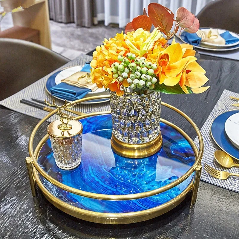 

American Gold Frame Blue Agate Metal Storage Tray Rectangular/round Fruit Plate Desktop Small Items Jewelry Display Tray Plate