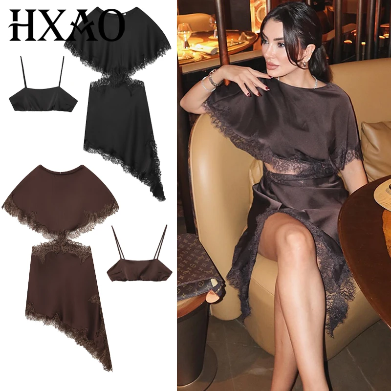 HXAO Lace Asymmetric Dress Women 2026 Sexy Mini Satin Batwing Sleeve Dress Luxury Women's Elegant Party Dress Hollow Out Vestido