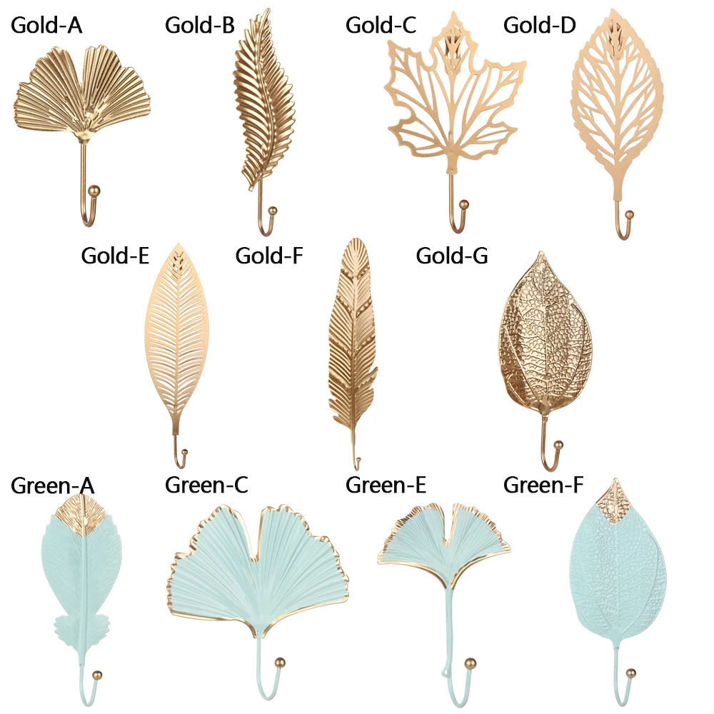 Nordic Style Wrought Iron Hook Leaf Shape Hanging Storage Rack Wall Hanger Home Decoration Bathroom Organization Green/Golden