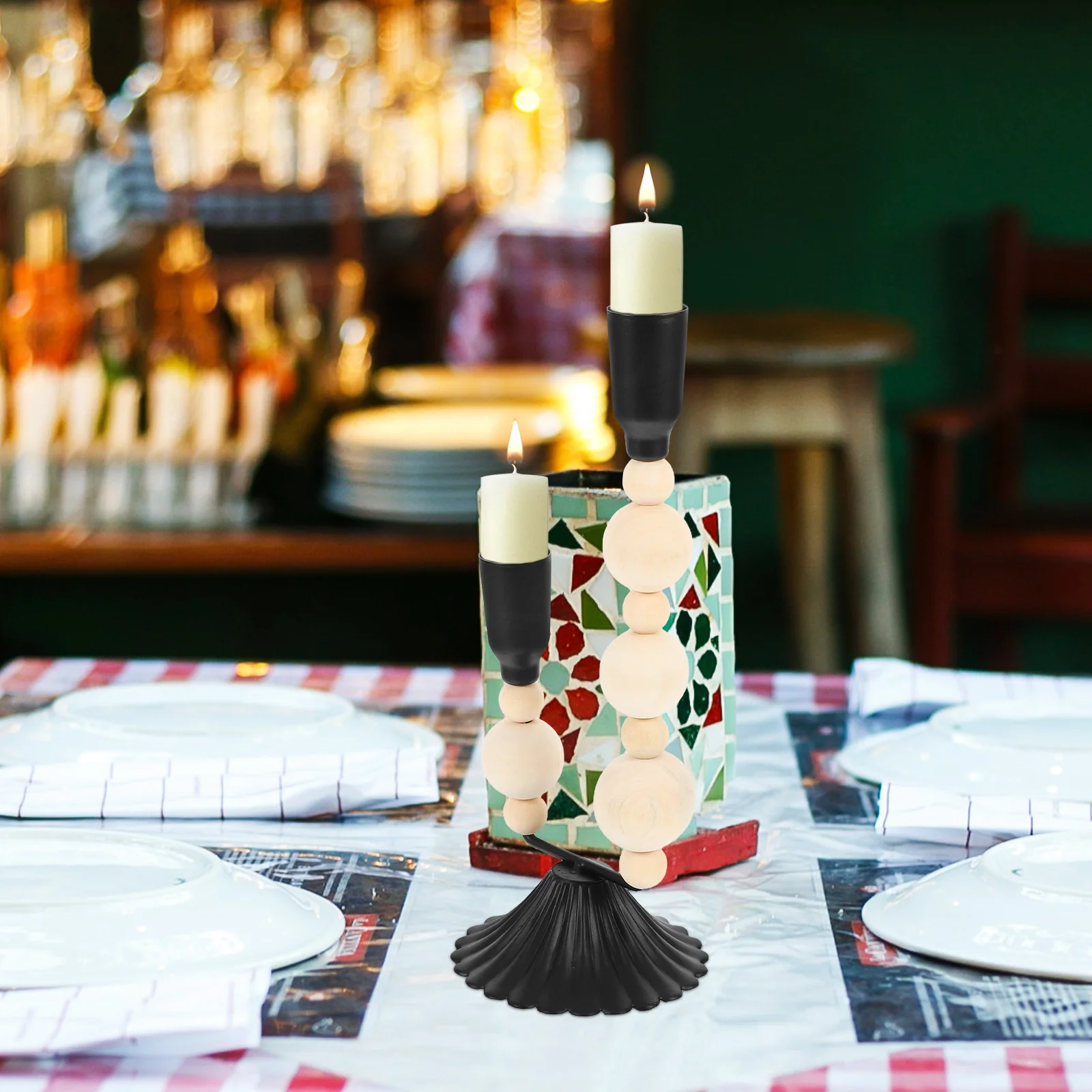 

Double Head Vintage Black Wood Bead Iron Candlestick Holder Farmhouse Wooden Stand Decorative Table Centerpiece