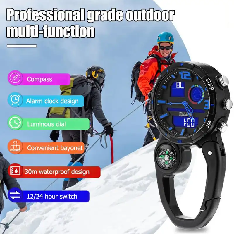 Round Screen Outdoor Carabiner Watch with Compass Multi functional Climbing Carabiner Watches For Men Sports Waterproof Clock