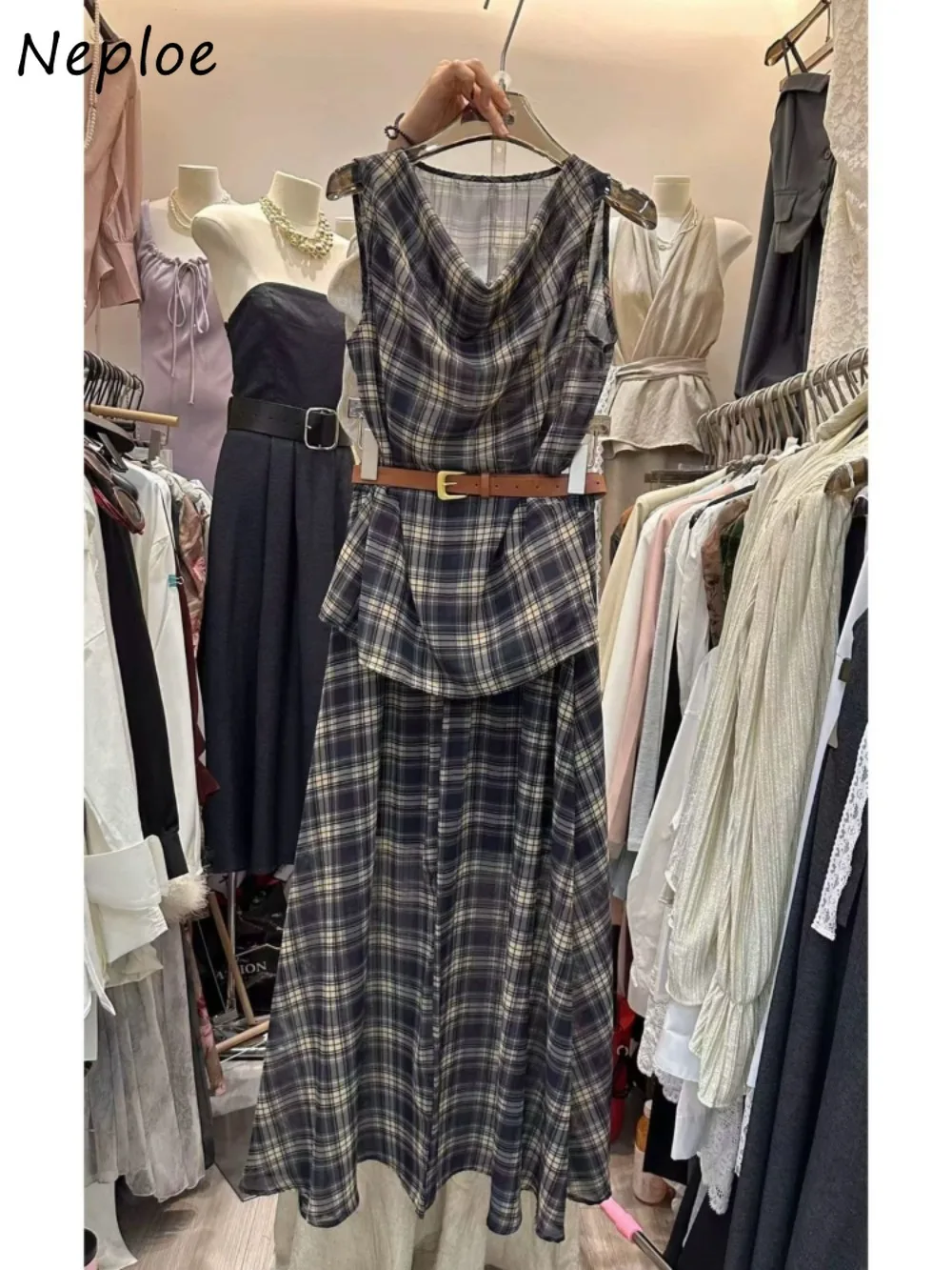 

Neploe Plaid Sleeveless Mid-length Loose Set Sling High Waist Ball Gown Loose Faldas Lazy Spice Girls Vintage Suits Trendy Skirt