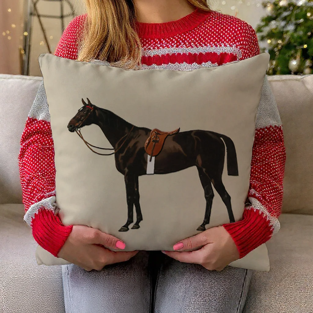 Vintage Equestrian Horse Pillow Cover Double Sided Short Plush 18x18 Inch Zipper Washable Riding Decor Gift