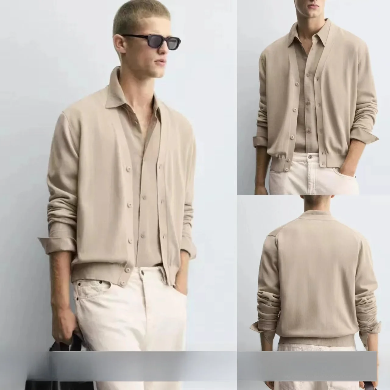 

Новинка осени 2025 года, мужской однотонный свободный длинный кардиган с V-образным вырезом и текстурой све, открытый кардиган Jaet, повседневный, удобный, из смеси хлопка