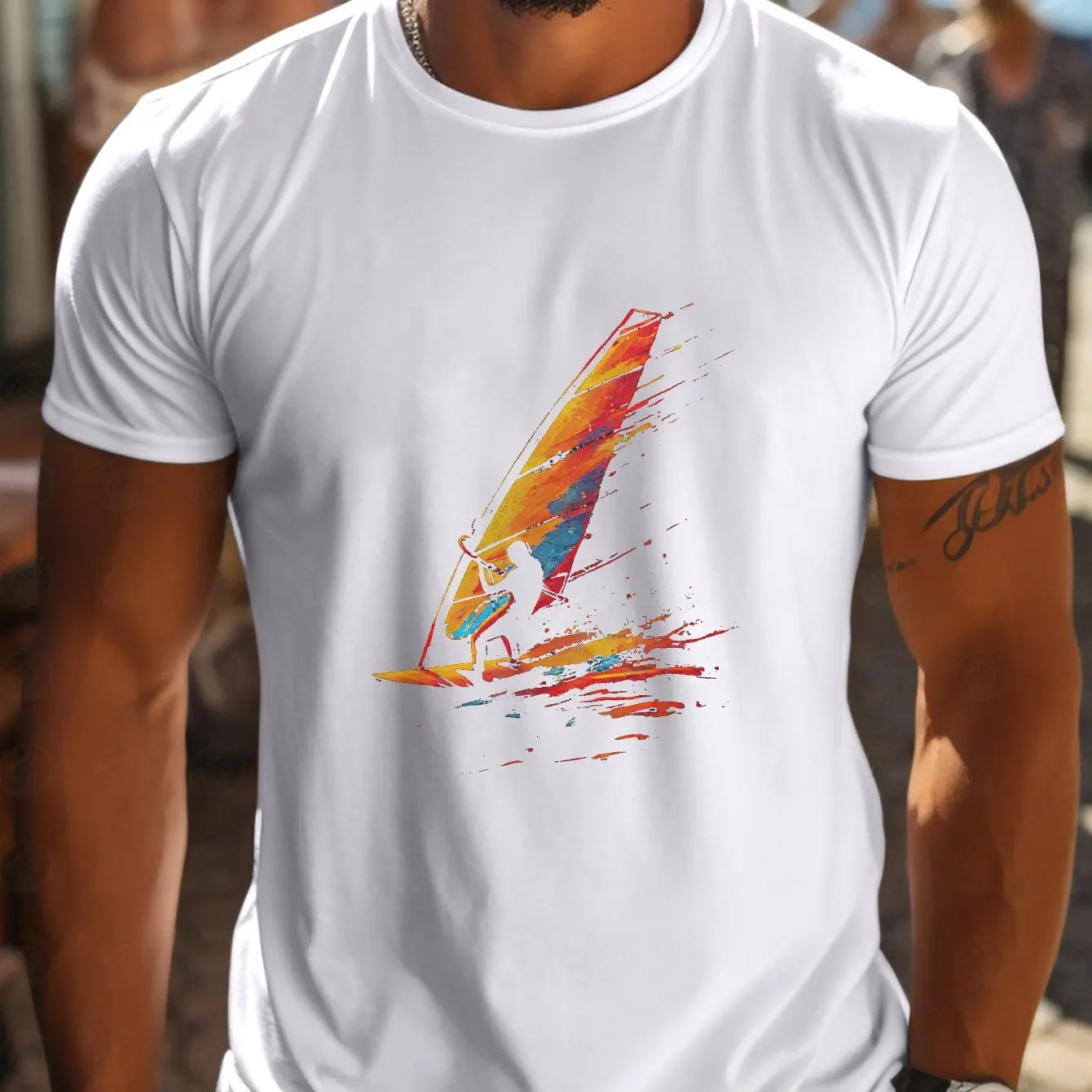 Men Casual Short Sleeve T-Shirt with Vibrant Windsurfing Graphic Print Breathable Round Neck Summer Top Men Clothing