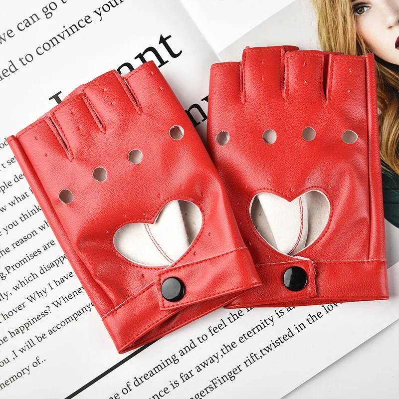 Women Fashion PU Leather Black Half Finger Gloves Cool Heart Hollow Fingerless Gloves Boy Gloves Dance