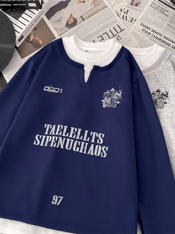 

Casual Letter Print V-Ne Long Sve T-irt ex Autumn American Sle Couple's Sweatirt Fake Two-Piece Loose Fit