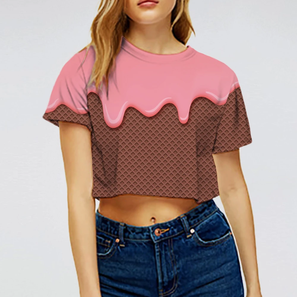 Round Neck Short Sleeve Crop Top Hot Girl Summer Sweet T Shirt For Women Ice Cream 3D Print Graphic Clothing Y2K 90s Streetwear