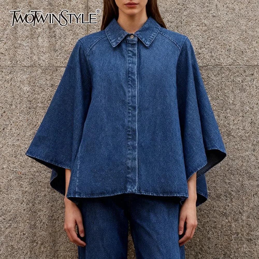

TWOTWINSTYLE Blue Color Washed Jeans Coat for Women Lapel Flare Sleeves Spliced Button Loose Casual Simple Outwear Female Style