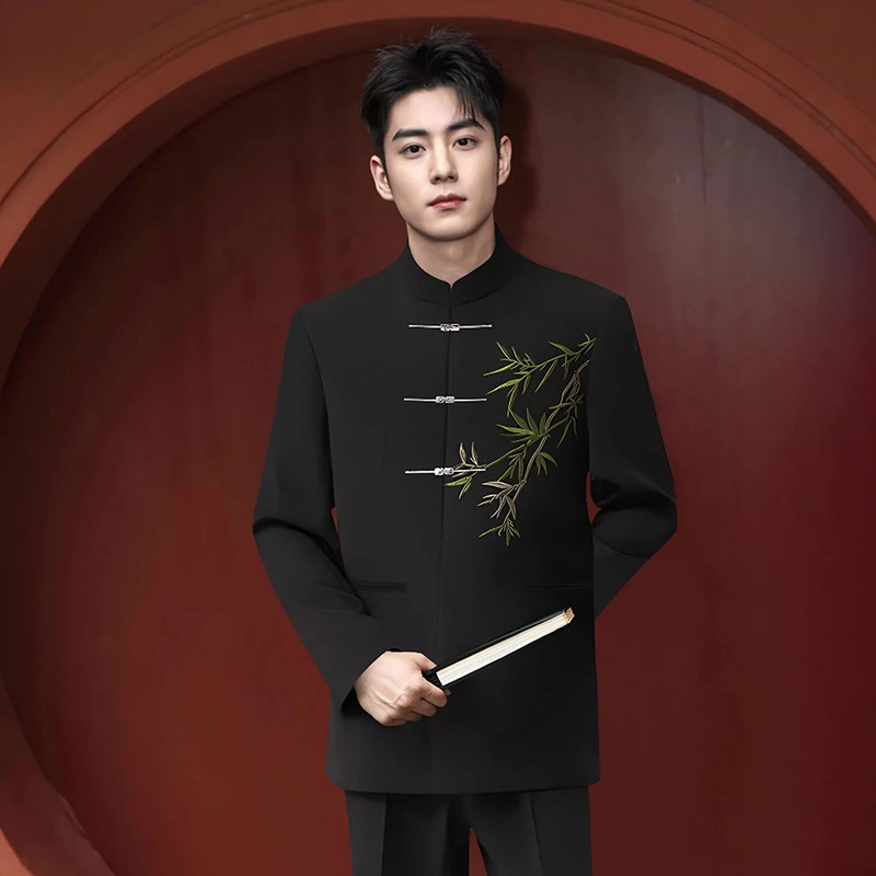 New Chinese Style Embroidered Wedding Suit Men's Set Youth Fashionable Wedding Clothes Standard Fit Three Button Stand Collar