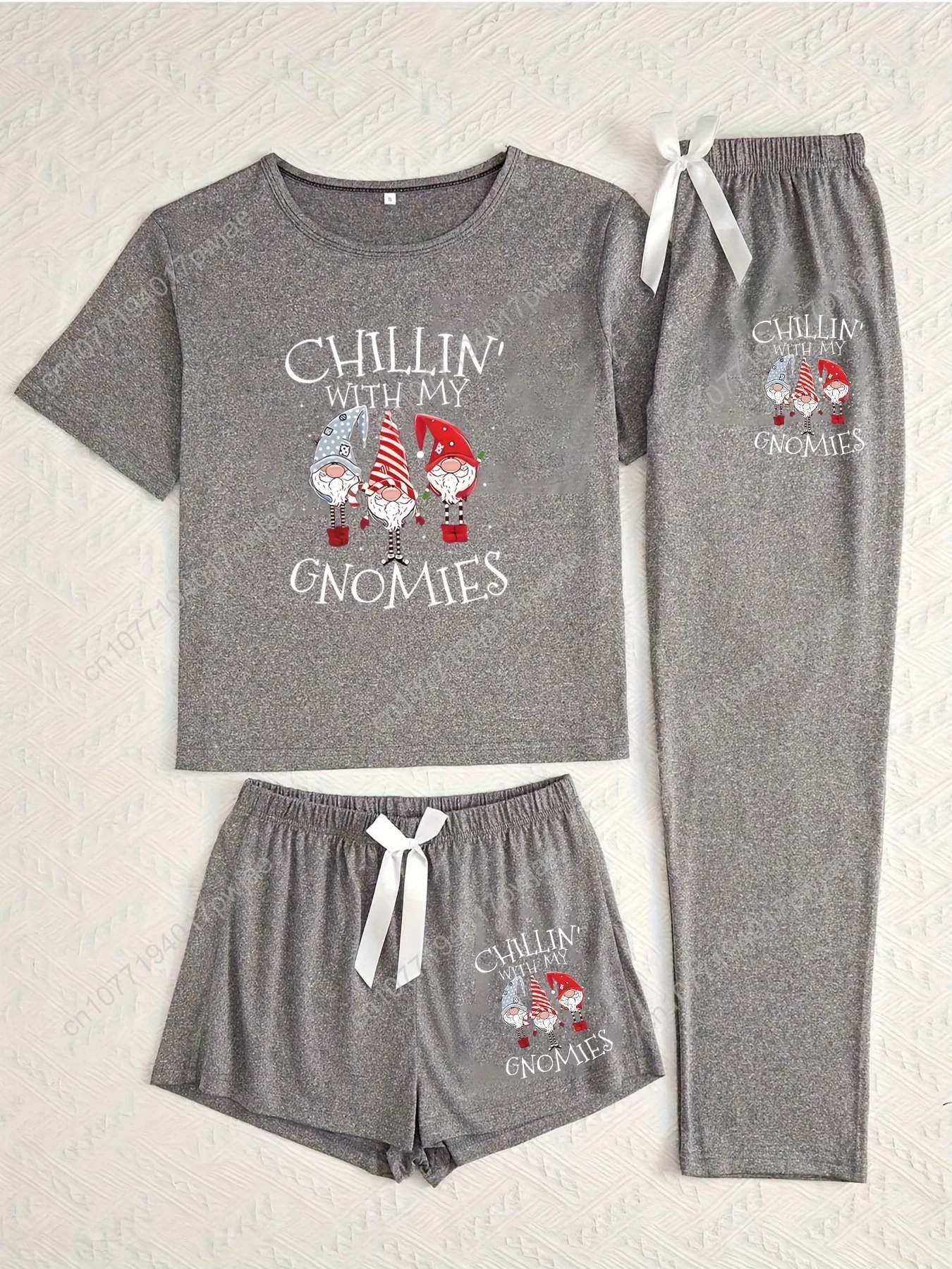 

Women's Pajama Set, 3pcs Christmas Gnome Short Sleeve Pajamas with Matching Shorts & Long Pants, "Chillin' with My Gnomies" Prin