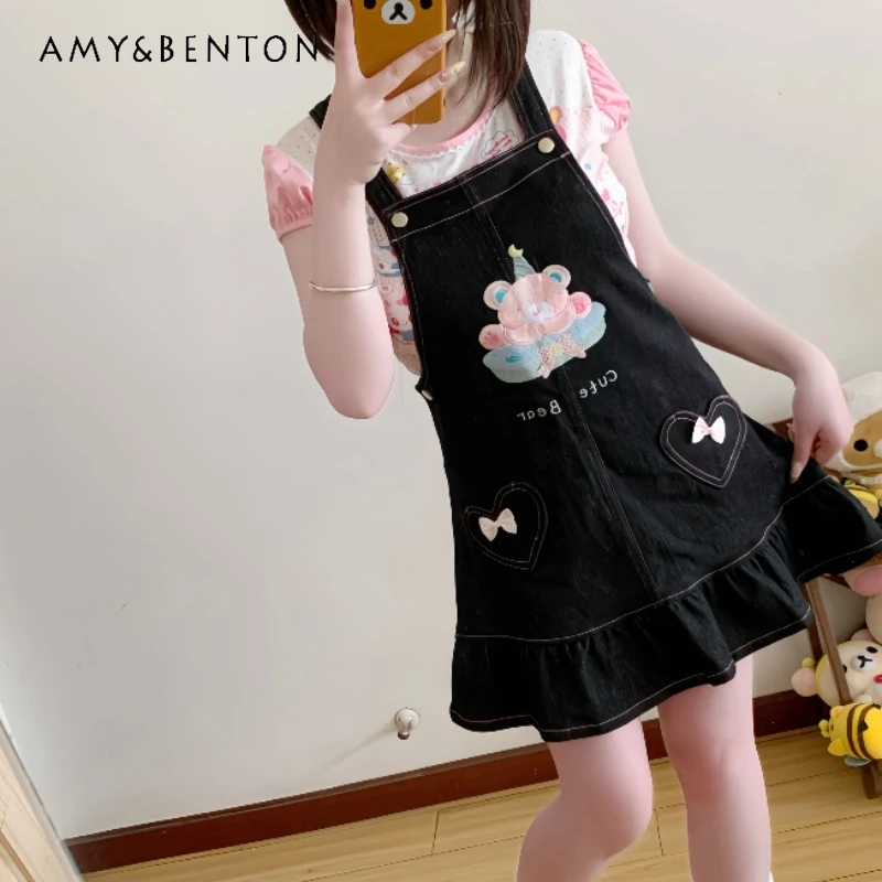 

Original Design Black Animal Print Denim Strap Dress Original Design Embroidered Bow Cute Sweet Thin Age-reducing Dresses Ladies
