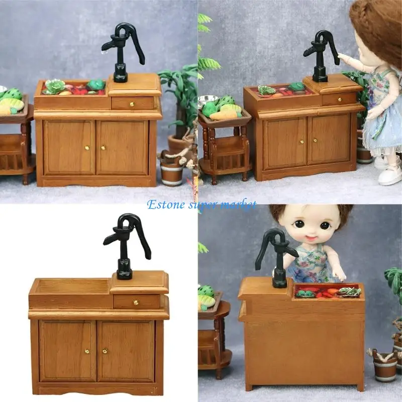 

090B 1/12 Miniature Sink Cabinet Water Sink with Faucet And Storage Drawer For Doll House Kitchen Scene Decoration