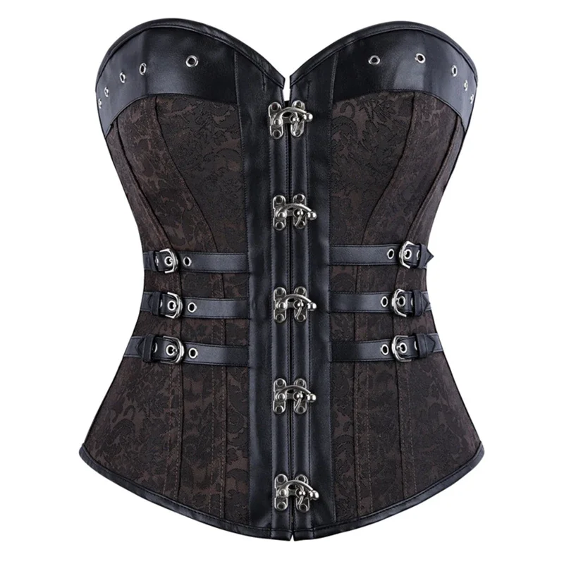 Dark Brown Steampunk Overbust Corset Vintage Button Up Shapewear Strapless Jacquard Body Shaper Bustier Gothic Pirate Costume