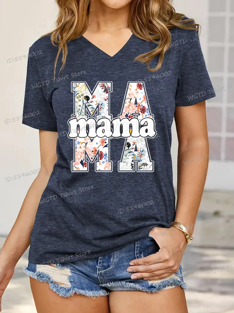 Retro Mama Shirt Design Mother's Day Fashion Casual Tops Funny Gift for Mama V-neck Top Women Flowers Mama Vintage Classic Tops