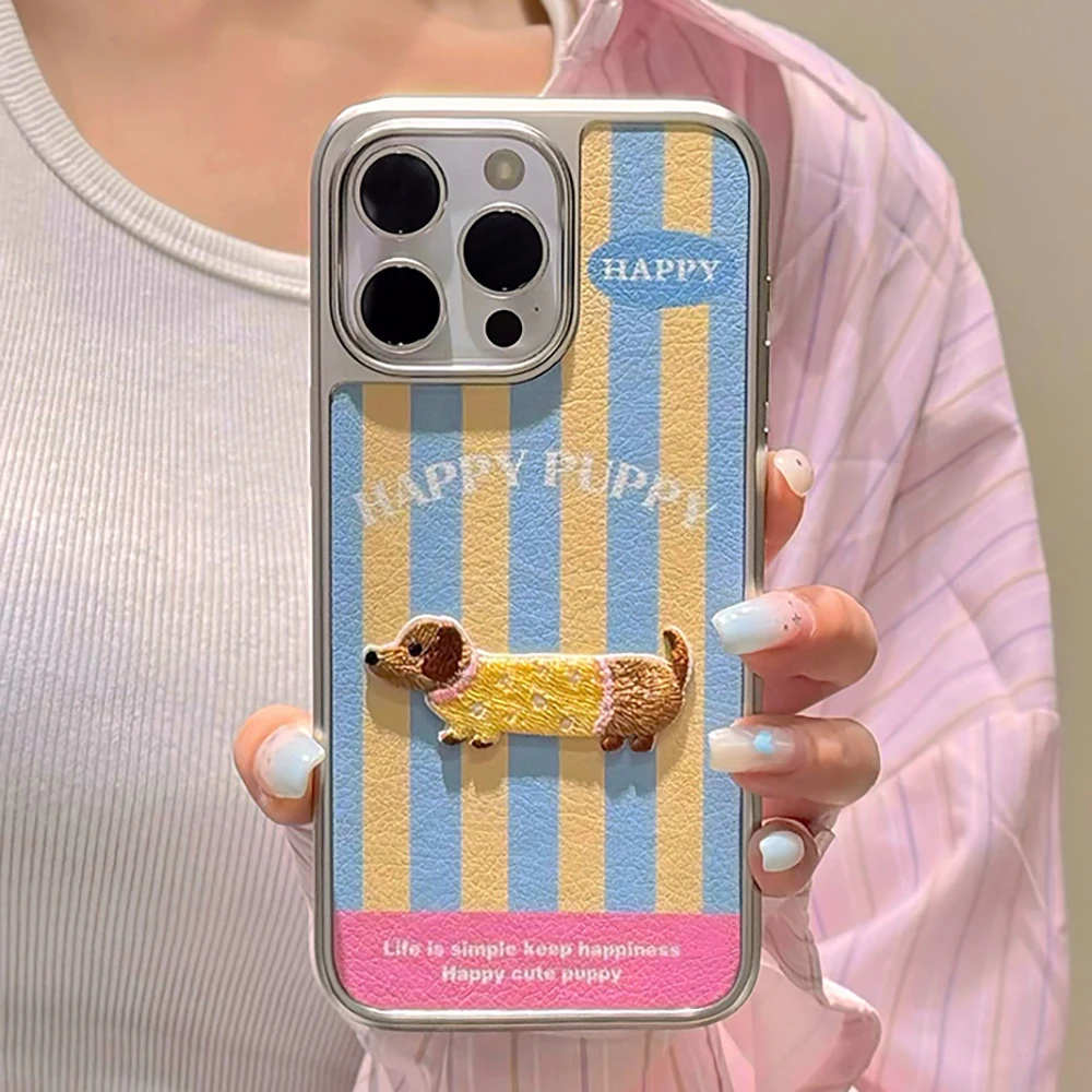 Korean Cte 3D Embroidery Dog stripes Phone Case For iPhone 15 14 13 11 12 Pro Max Plus X XR Lovely Happy Puppy Soft Cover