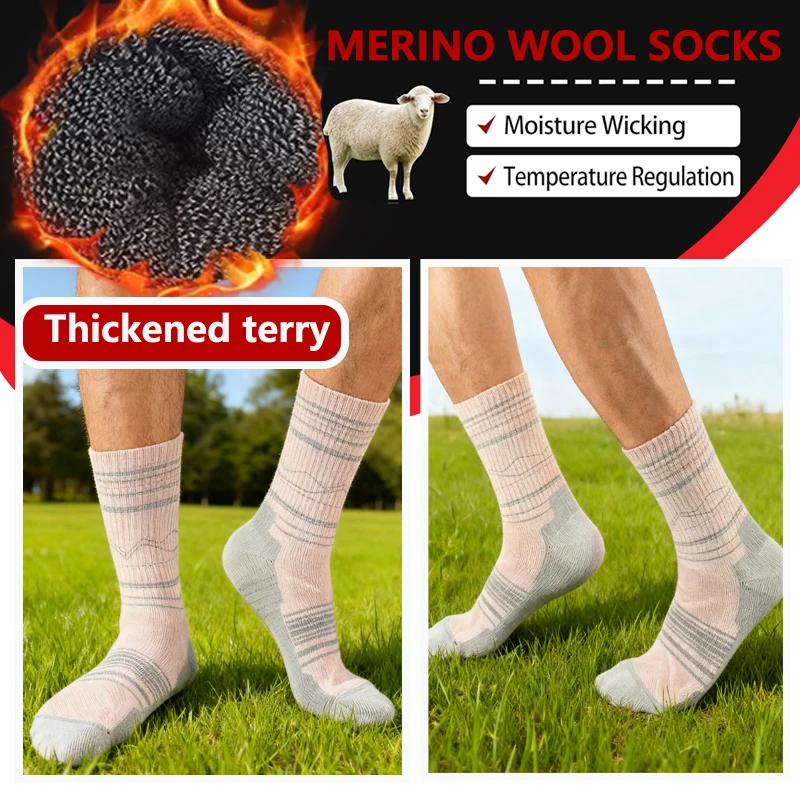جوارب CZHIYAO 2 Pais Merino من الصوف للمشي لمسافات طويلة للرجال والنساء، حذاء مبطن دافئ ماص للرطوبة وجيد التهوية لجميع المواسم والرياضة