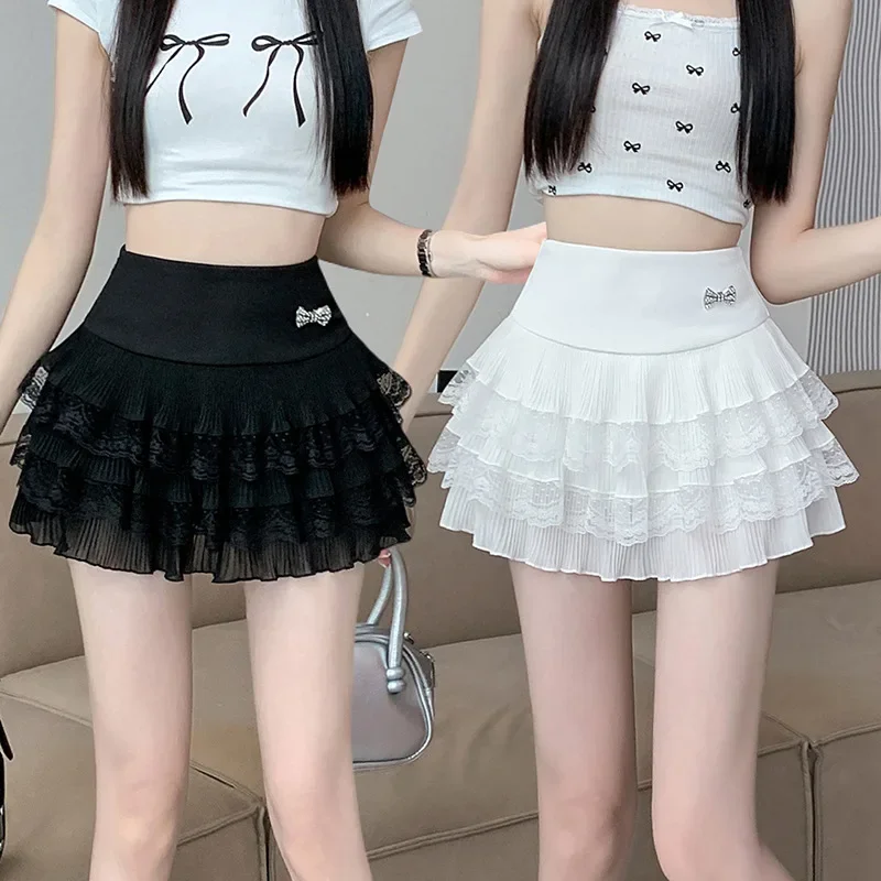 لوليتا عادية الحلو نمط المرأة كعكة تنورة 2024 جديد Kawaii الصيف تنورة قصيرة أسود أبيض الدانتيل كشكش حافة موضة الاتجاه تنورة