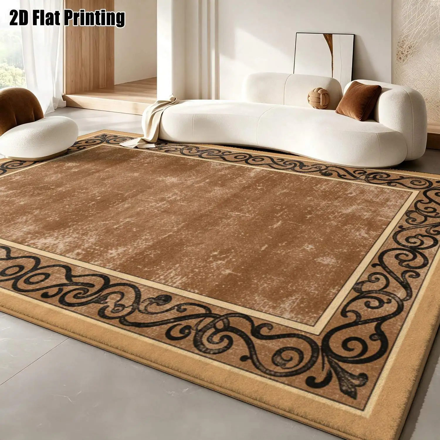 1Pc 2D Printed Retro Brown Scroll Pattern Border Carpet, European/Retro/Minimalist Geometric Style, for Home Decoration, Multi-Size, Machine Washable, Suitable for Entrance, Living Room, Bedroom, Dining Room, Foyer