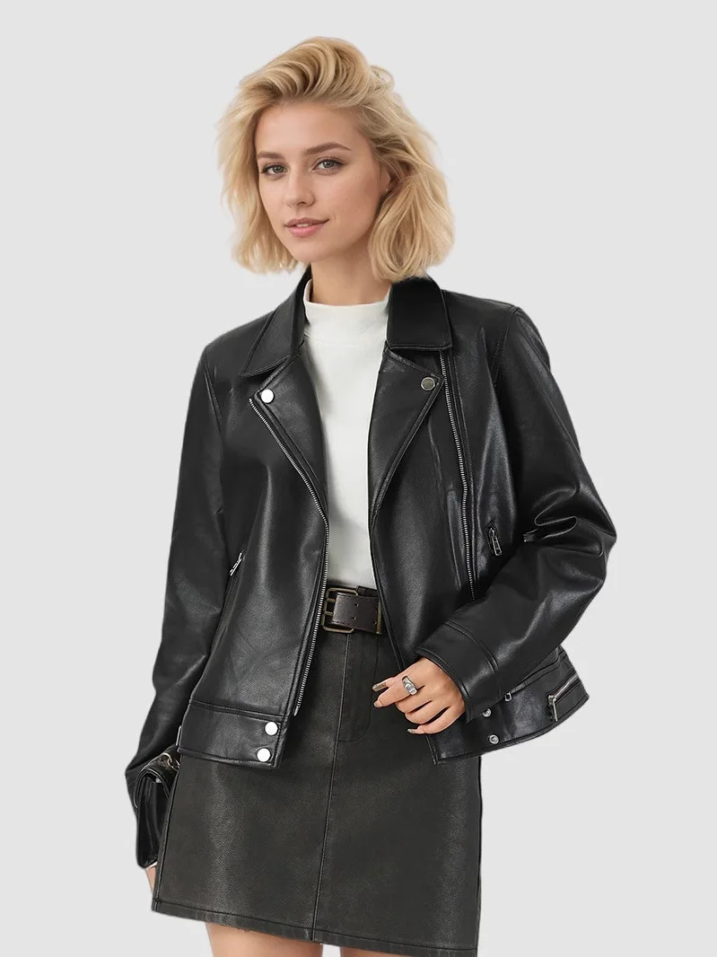 Ele Women's Motorcycle Sle Long Sve Leather Jaet ort Collarl PU Leather Coat Faionable Autumn New Arrival