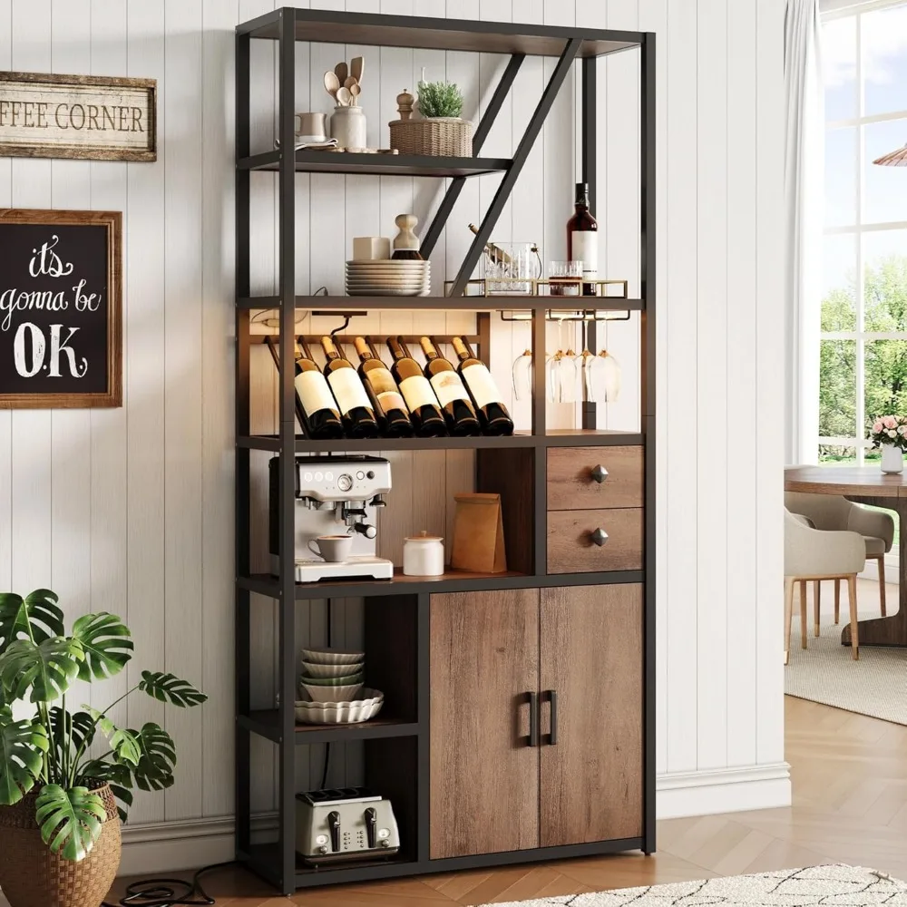 

GarveeHome Wine Bar Cabinet with LED Lights, Tall Coffee Bar Station with Power Outlets and Wine Rack, Kitchen Microwave Stand B