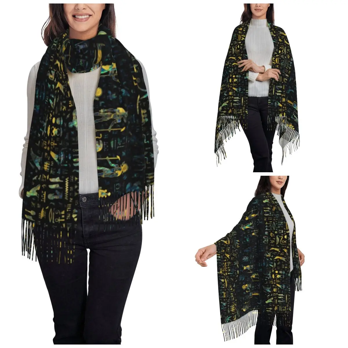 Womens Tassel Scarf Egyptian Gods Hieroglyphs Large Super Soft Shawl Wrap Ancient Egypt Reversible Pashmina Scarves