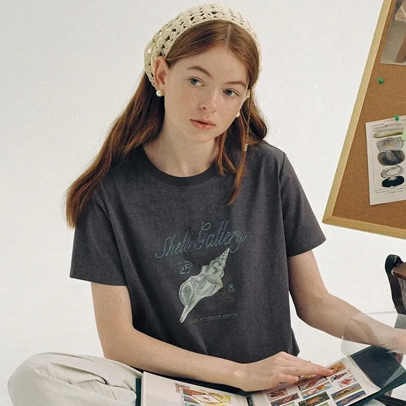 Women's Vintage French Conch Stamp Print Short Sleeve T Shirt Loose Casual Summer Spring Elegant Top