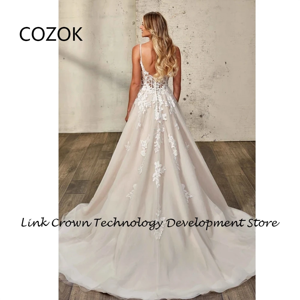 COZOK Spaghetti Straps Champagne Wedding Dresses with Lace 2024 Summer Sleeveless Bridal Gowns New Sleeveless Vestidos De Novia