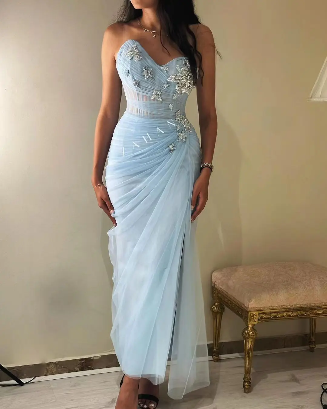 Blue Applique Prom Dresses Gala Mermaid High Side Split Sweetheart Evening Dress Tulle Ruffle Saudi Wedding Party Dress 2024