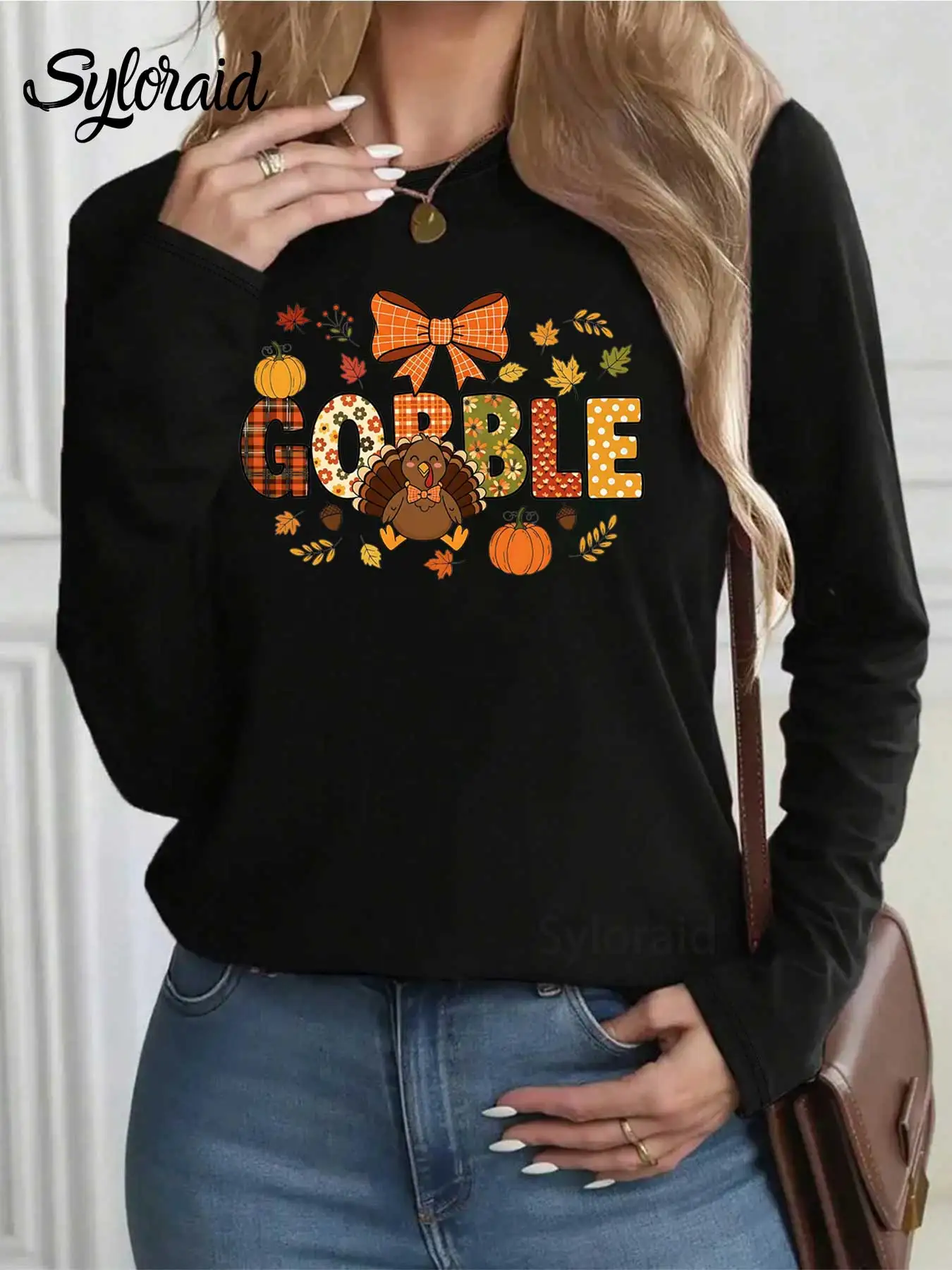 T-shirt a maniche lunghe da donna T-shirt con stampa Turchia del Ringraziamento Camicia di ringraziamento T-shirt Turchia autunnale Moda girocollo Top casual