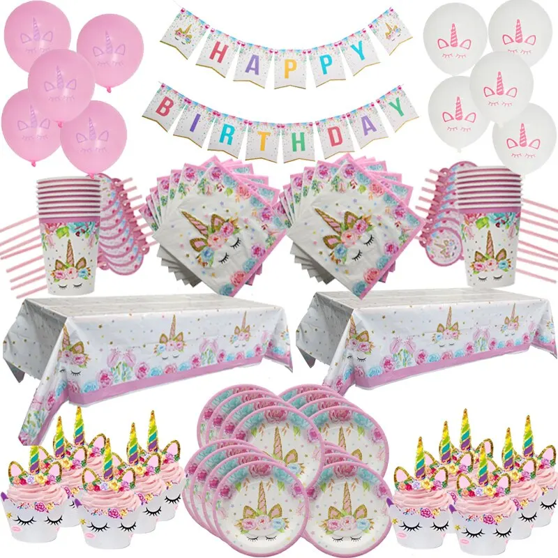 Unicorn Party Disposable Tableware Set Girl Birthday Party Decoration Unicornio Decor Plates Cup Banner Baby Shower Gift